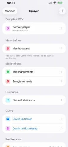 Gplayer a iPhone: fonts personals, biblioteca i història. Es mostra la interfície francesa.